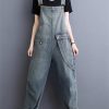 Womens Blue Vintage Big Pockets Streetwear Overalls Long Jumpsuit Loose Rompers Denim Jumpsuits