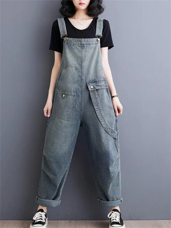 Womens Blue Vintage Big Pockets Streetwear Overalls Long Jumpsuit Loose Rompers Denim Jumpsuits
