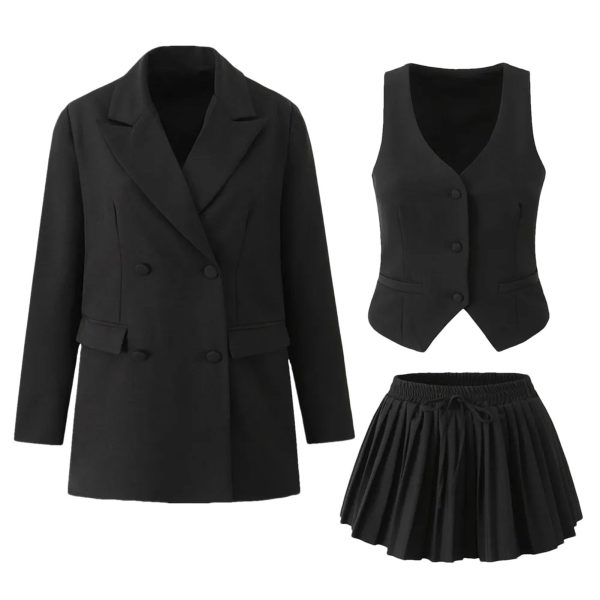 Women's 3-Piece Blazer Suit - Notched Twill Jacket & Bow Waist Pleated Skirt