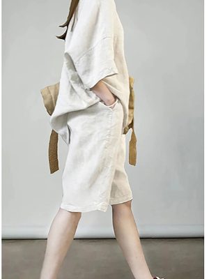 Women's Linen Set - Red Short Sleeve Top & Shorts Breathable Resort Outfit