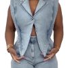 Womens Denim Romper Y2k Sleeveless V Neck Lapel Blazers Vest Work Business Short Jeans Jumpsuits