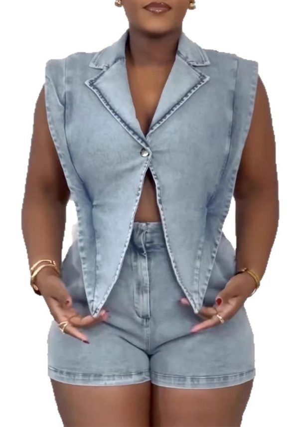 Womens Denim Romper Y2k Sleeveless V Neck Lapel Blazers Vest Work Business Short Jeans Jumpsuits