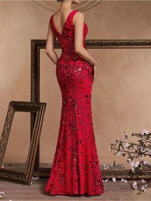 Sequin Evening Dress for Women V Neck Long Slit Formal Gown Wedding Guest Prom Floor Length Party Dress