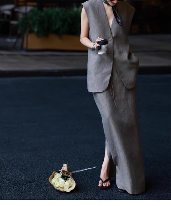 Women's Urban Linen Set - Sleeveless Top & Wide Leg Trousers City Chic Style
