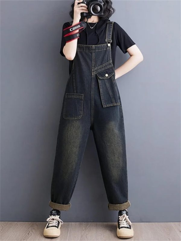 Women Pockets Ladies Long Jumpsuits Sleeveless Rompers Woman Blue Straight Jeans Jumpsuit