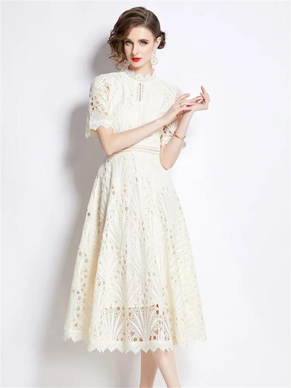Womens Summer Hollow Out Party A Line Midi Long Princess Elegant Office Runway Robes Dress