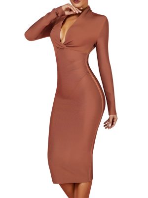 Women's Deep Plunge V Neck Long Sleeves Draped Knee Length Bodycon Bandage Dress