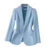 Women's Long Sleeve Suit Jacket Double Breasted Tweed Blue White Blazer Coat Business Casual Work Outerwears