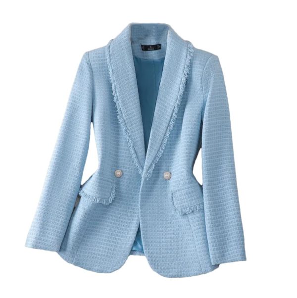Women's Long Sleeve Suit Jacket Double Breasted Tweed Blue White Blazer Coat Business Casual Work Outerwears