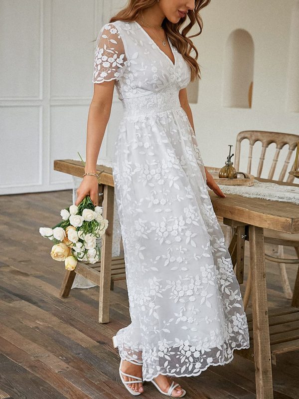 Women's V-Neck Lace Floral Long Dress Embroidery Cocktail Wedding Guest Boho Maxi Dress