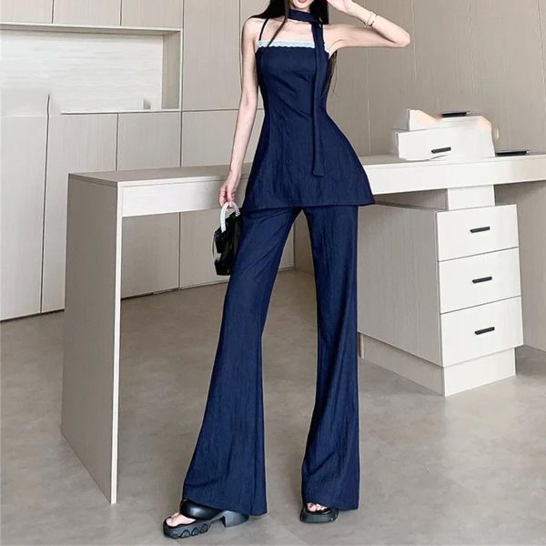 Women's Lace Trim Set - V-Neck Halter Top & Draped Pants