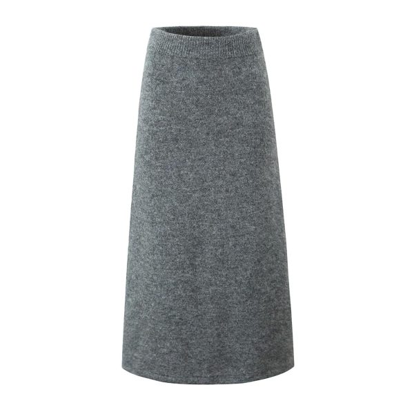 Women's Knit Maxi Set - Bat Wing Sleeve V-Neck Sweater & A-Line Contour Skirt in Heather Gray