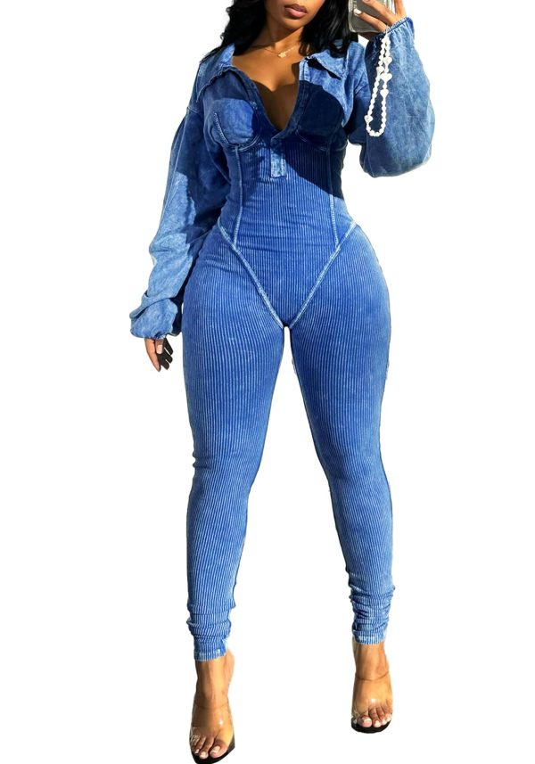 Women's Long Sleeve Workout Jumpsuit Sexy V neck Stretchy Ribbed Bodysuits Solid Color Comfy Bodycon Rompers