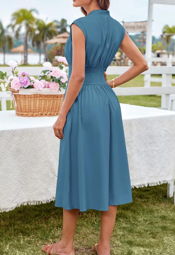 Womens Summer Casual Dress V Neck Cap Sleeve Zipper Front Flowy Midi Dress with Pockets