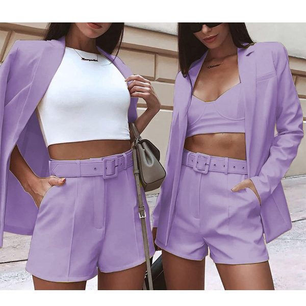 2 Piece Outfits for Women Long Sleeve Solid Open Front Blazer Shorts with Belt Casual Elegant Business Suit Sets
