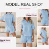Women's Two Piece Outfits V Neck Short Sleeve Shirts and High Waist Shorts Lounge Sets