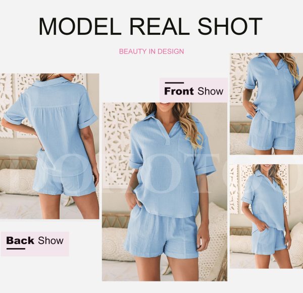 Women's Two Piece Outfits V Neck Short Sleeve Shirts and High Waist Shorts Lounge Sets