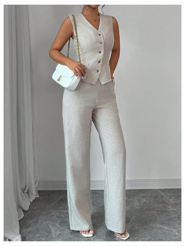 Women's 2 Piece Outfits V Neck Button Down Vest Tops and High Waisted Pants Set Office Work Suit