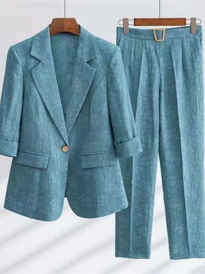 Fashion Suit Elegant Women's Summer Thin Three-Quarter Sleeves Printed Coat Straight Leg Pants Two-Piece Set