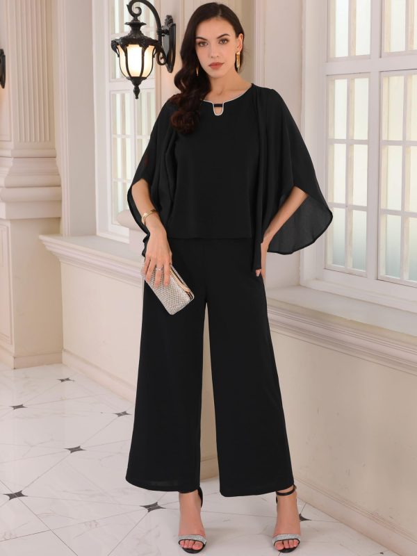 7147PYigsrL.jpg Women's 2 Pieces Sets Elegant Chiffon Sleeve Top Wide Legs Pants Mother of Bride Suits