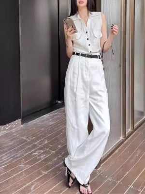 Women's Linen Vest Set - High Waist Wide Leg Pants