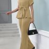 Women's 2 Piece Outfits Suit Set Short Sleeve Peplum Top Flared Pants Sets Business Pantsuits
