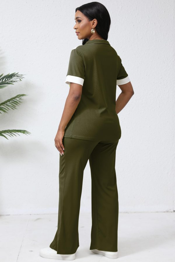 Women's Lounge 2 Peice Outfit Dressy Casual Short Sleeve Flared Slit Wide Leg Pants Set Match Sweatsuit