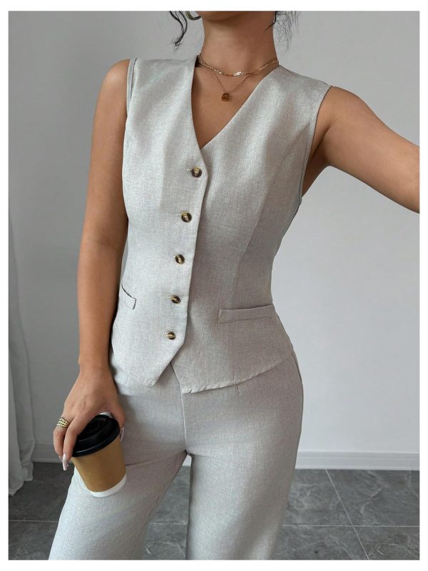 Women's 2 Piece Outfits V Neck Button Down Vest Tops and High Waisted Pants Set Office Work Suit