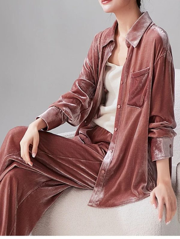 Women's Silky Velvet Suit - Contrast Trim Shirt & Wide-Loose Pants Elegant Style