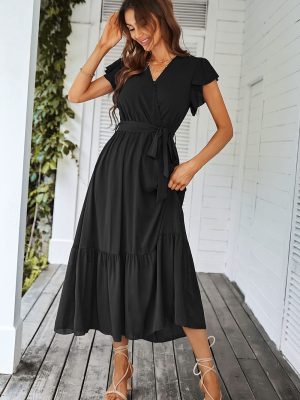 Women's Summer Floral Boho Maxi Dress Wrap Short Sleeve V Neck Ruffle A-Line Flowy Wedding Guest Long Dresses
