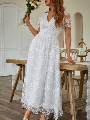 Women's V-Neck Lace Floral Long Dress Embroidery Cocktail Wedding Guest Boho Maxi Dress