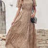 Women's Summer Casual Short Flutter Sleeve Round Neck Smocked Waist Tiered Boho Floral Flowy Maxi Dress