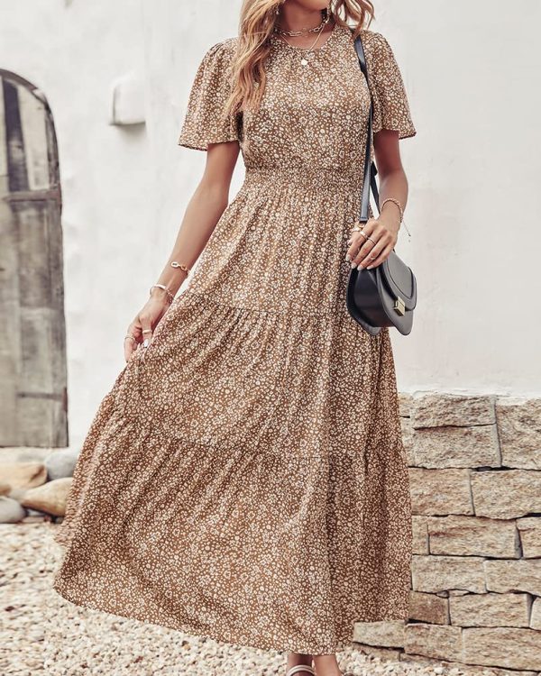 Women's Summer Casual Short Flutter Sleeve Round Neck Smocked Waist Tiered Boho Floral Flowy Maxi Dress