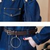 Women Jeans Dress Long Sleeve Single Breasted Shirt Dress Office Denim Dress
