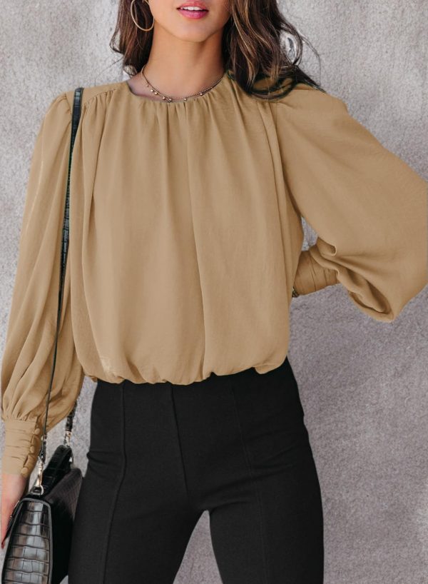 Women's Tops Blouses for Women Casual Long Sleeve Shirts Crew Neck Bohemian Solid Color Spring Work Business