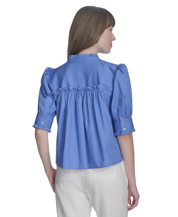 Women's Short Sleeve Ruffle Neck Button Front Shirt