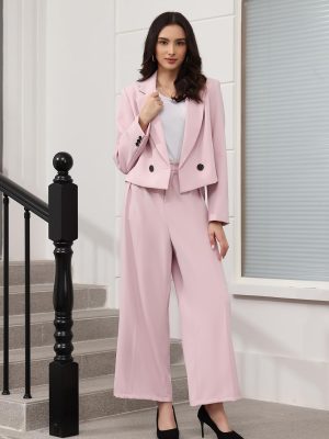 Women's Suit 2 Piece Casual Outfits Cropped Blazer High Waisted Wide Leg Pants for Work