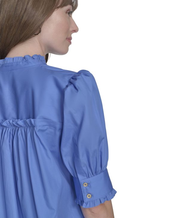 Women's Short Sleeve Ruffle Neck Button Front Shirt