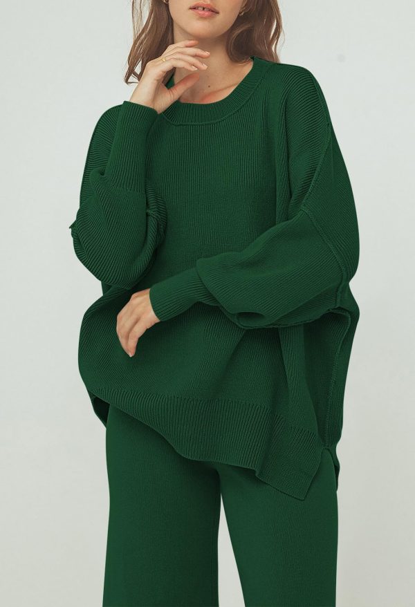 Women 2 Piece Sweater Sets Long Sleeve Knit Top Matching Wide Leg Pant Knitted Sweatsuit Outfits