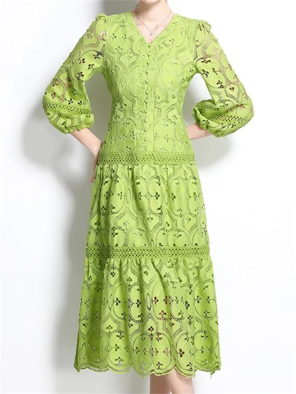 71GKSFh6k-L.jpg Women Summer Hollow Out Lace Dress Streetwear Long Sleeve Office Party Dress