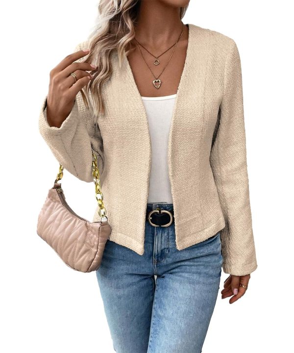 2025 Women's Spring Tweed Blazer Fully-Lined Collarless Open Front Elegant Petite Cute Fashion Casual Work Jacket