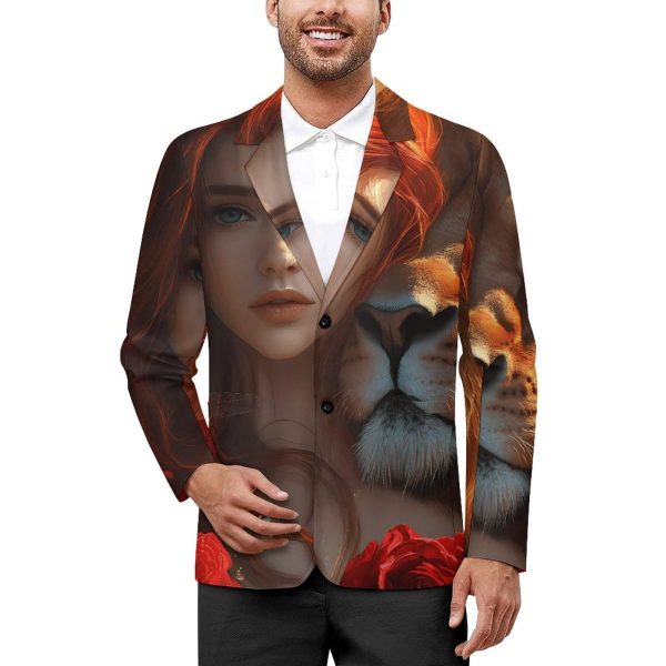 Red Hair Woman Lion Rose Funny Suits Blazer for Men Business Jacket 2 Button Sport Coat Wedding Office