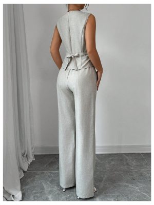 Women's 2 Piece Outfits V Neck Button Down Vest Tops and High Waisted Pants Set Office Work Suit