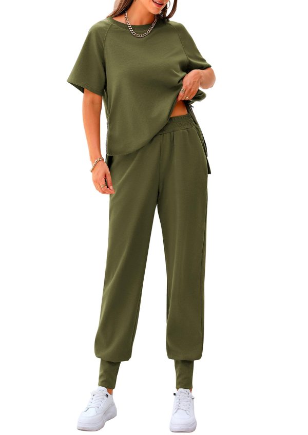 Women's Summer 2 Piece Outfit Tracksuits Casual Short Sleeve Tops High Waisted Sweatpants Set