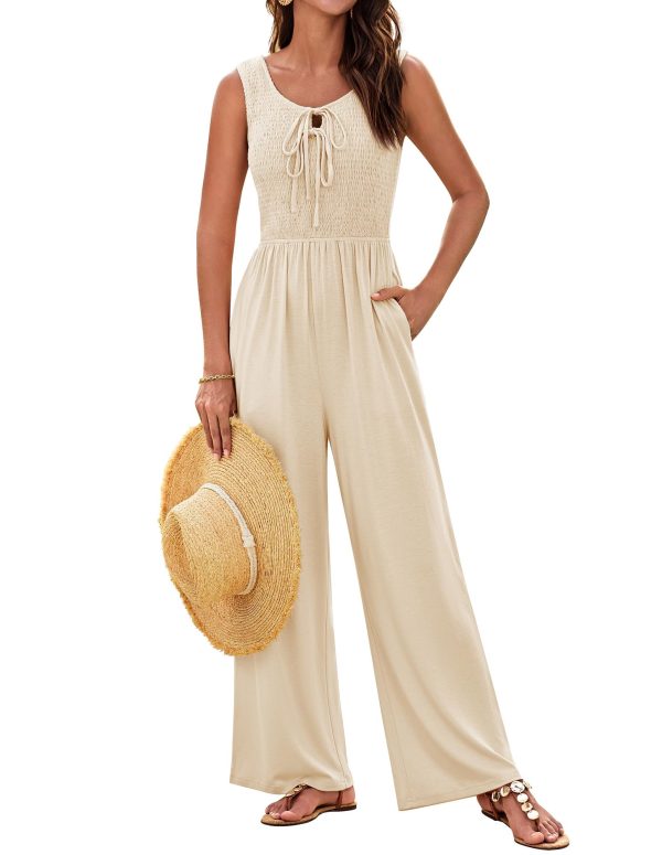 Jumpsuits for Women Bow Tie Front Overalls Smocked Tops Wide Legs Casual Knitted Outfits with Pockets