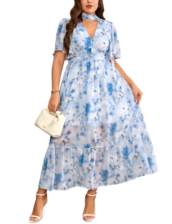 Women's 2025 Floral Summer Dress Smocked V Neck Boho Plus Size Beach Party Wedding Guest Ruffle Long Dresses