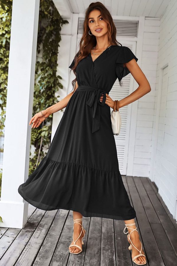 Women's Summer Floral Boho Maxi Dress Wrap Short Sleeve V Neck Ruffle A-Line Flowy Wedding Guest Long Dresses