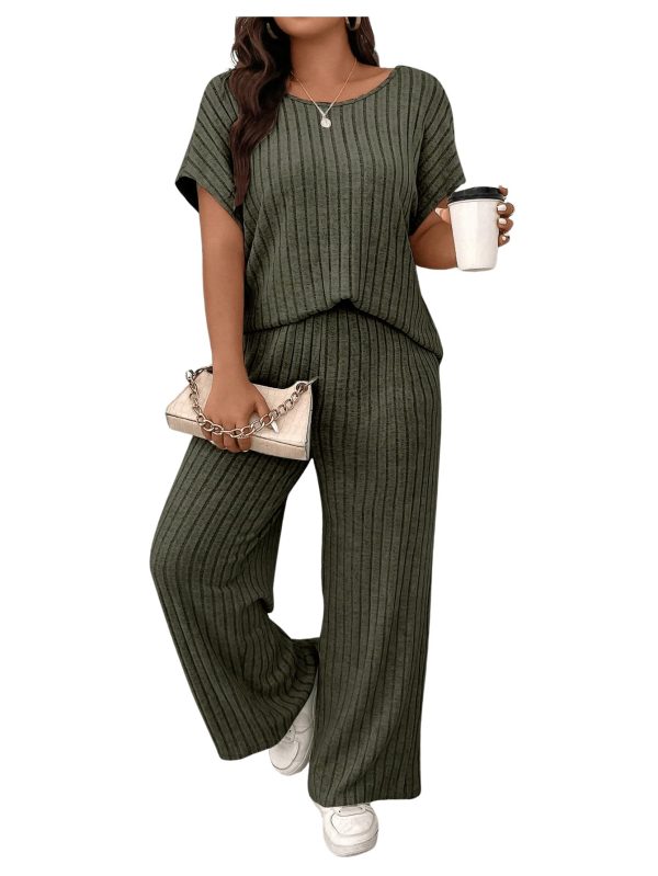Women's Plus Size Short Sleeve Tee Shirt Wide Leg Pants 2 Piece Tracksuit