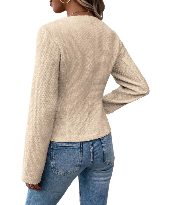 2025 Women's Spring Tweed Blazer Fully-Lined Collarless Open Front Elegant Petite Cute Fashion Casual Work Jacket