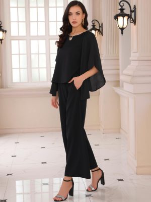 71MhwQAuLIL.jpg Women's 2 Pieces Sets Elegant Chiffon Sleeve Top Wide Legs Pants Mother of Bride Suits